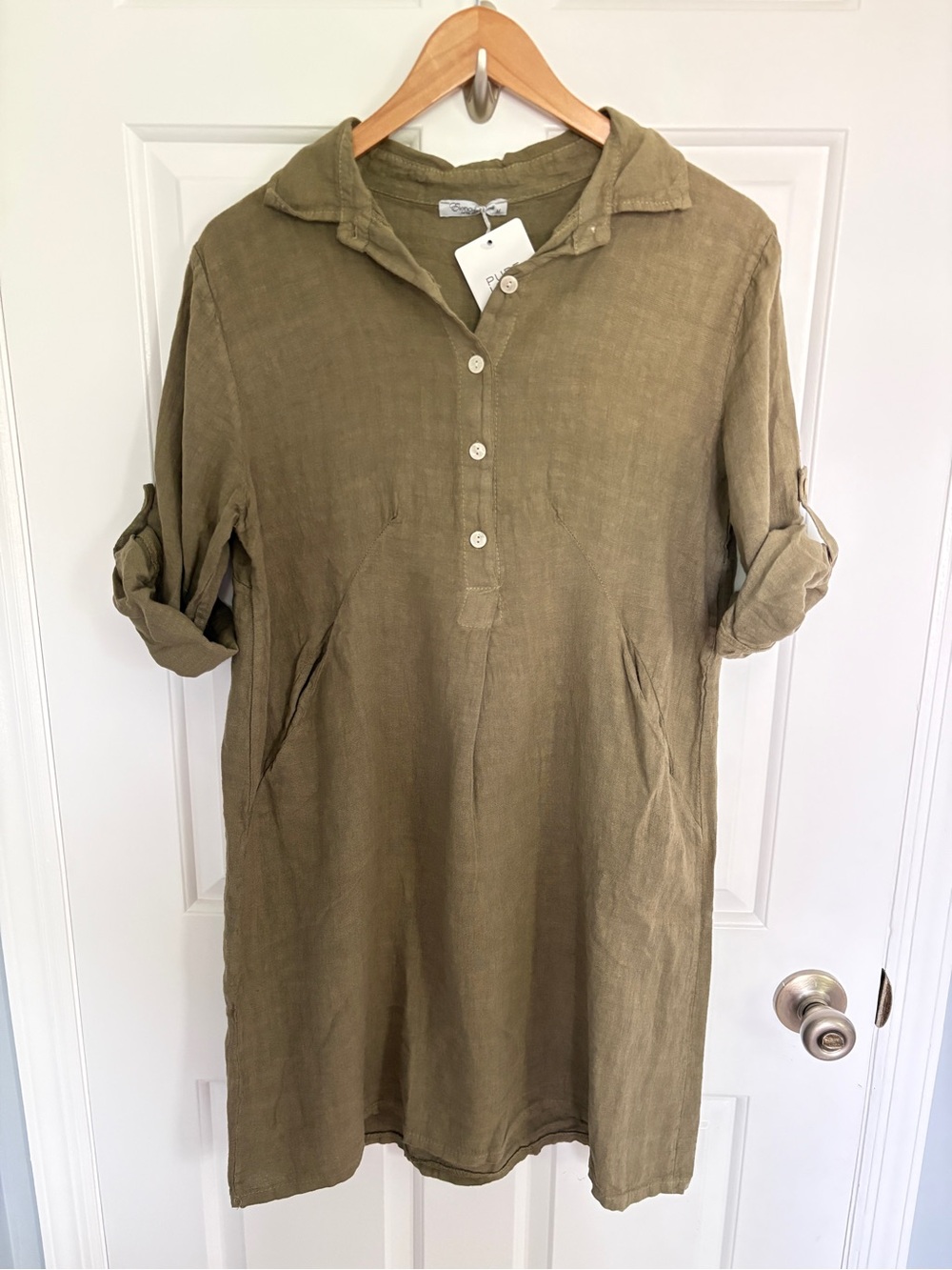 NWT Elena Baldi Medium Olive Linen Midi Dress with Button Placket 100% Cotton